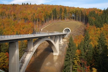 Rundbogenbrücke mit Tunneleingang im Herbst