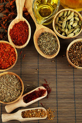 Many different spices and fragrant herbs