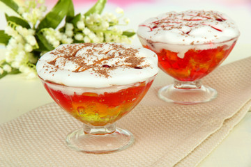Tasty jelly in bowls on table close-up
