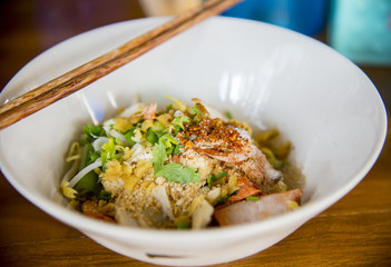 Wheat noodles with vegetables and meat in Thai style1