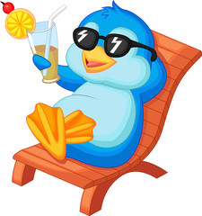 Fototapeta premium Cute penguin sitting on beach chair