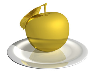 gold apple on a white plate isolated on white background