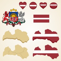 Latvia Map, Vector 3D pack of Latvia and flag