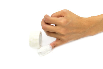 White medicine bandage on broken  finger