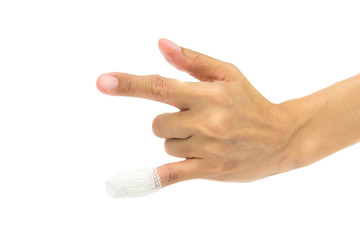 white medicine bandage on broken  finger