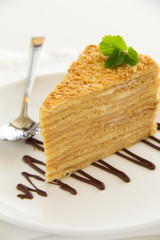 A piece of honey cake. Selective focus.