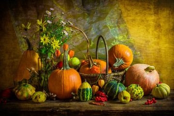 Halloween autumn fall pumpkin setting table still life vintage © Yotka