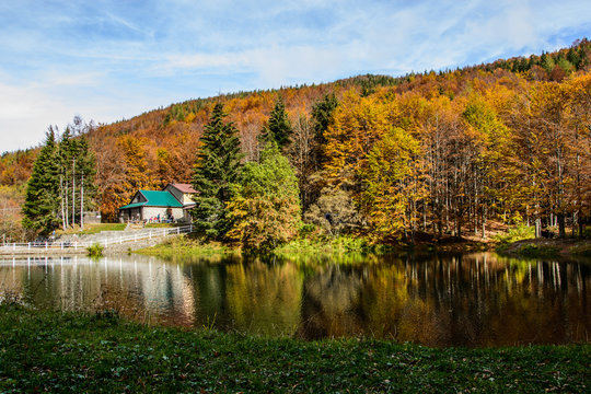 Mountain hut in autumnal landscape