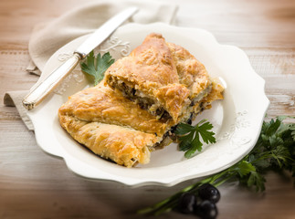 strudel stuffed with tuna and black olives, selective focus