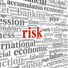 Risk in economy and finance concept in word tag cloud on white b