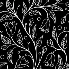 Door stickers Flowers black and white Seamless floral pattern with bellflowers, white on black