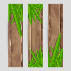 Exotic leafs decorated vector wood banner set