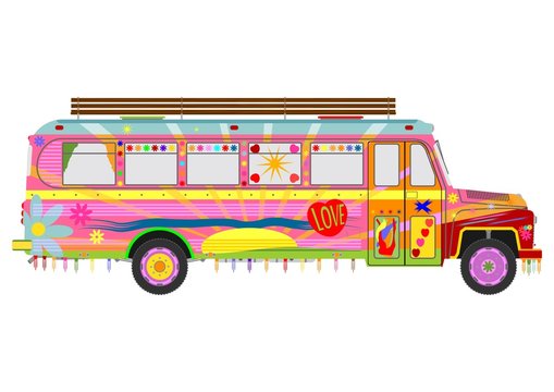 Jingle car. Colourful hippie bus. Flat vector.