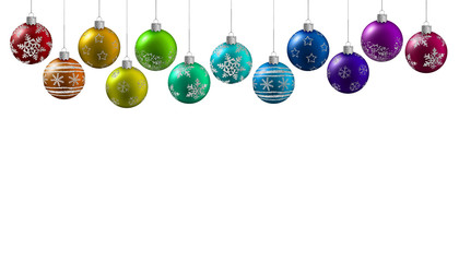 multicolored christmas balls hanging on a white background
