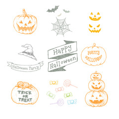 Naklejka premium Set of Halloween hand drawn vector illustration with pumpkin, candy, hat, ribbon. Isolated on white.