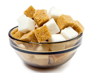 The white refined and brown cane sugar in a bowl
