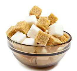 The white refined and brown cane sugar in a bowl
