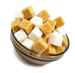 The white refined and brown cane sugar in a bowl