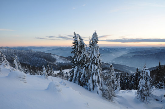 Winter sunset mountain landscape (Carpathian, Ukraine)
