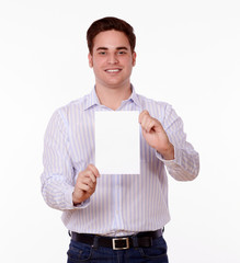 Adult man holding up a blank card of copyspace