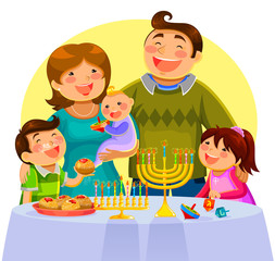 family celebrationg Hanukkah