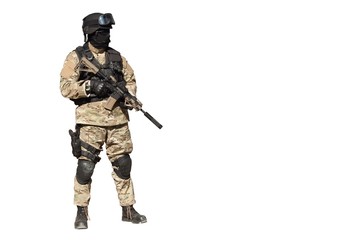 Special Forces soldier, with assault rifle, isolated on white