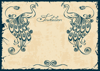 Invitation or card with blue peacock