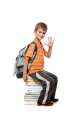Schoolboy sitting on books