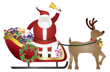 Santa Claus on Reindeer Sleigh Delivering Presents Illustration