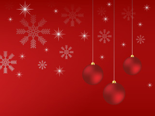 Fototapeta premium Weihnachtskugeln rot hängend mit Schneeflocken