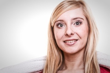 Fitness sport woman white towel on shoulders, studio shot