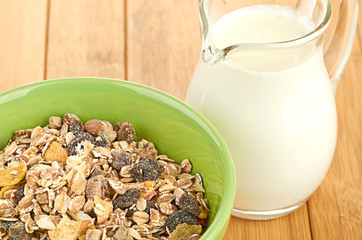 Delicious and healthy cereal in bowl with milk