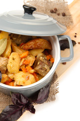 Homemade beef stir fry with vegetables in color pan,
