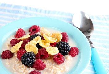 Oatmeal in bowl with berries isolated on white
