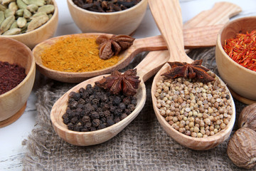 Various spices and herbs on table close up