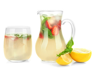 Basil lemonade with strawberry, isolated on white