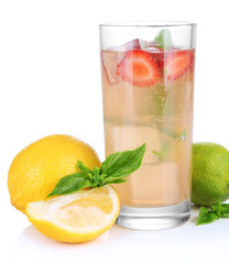 Basil lemonade with strawberry in glass, isolated on white