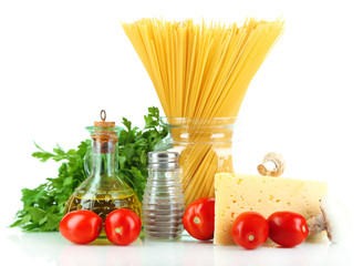 Pasta spaghetti with vegetables isolated on white