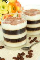 Tasty jelly coffee with milk on table on white background