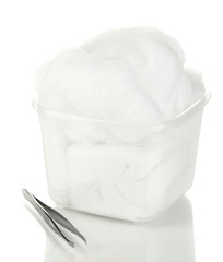 Wadding with tweezers isolated on white