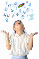 asian little girl looking at above and open arms to receive know