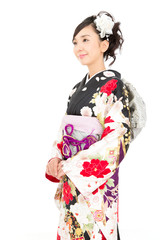 Beautiful asian kimono woman on white background