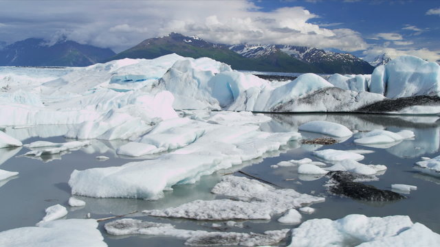 Aerial view Knik Glacier icebergs Knik River Alaska, USA