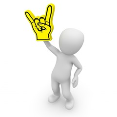 The character celebrates a fixed with a foam hand.