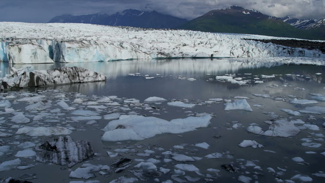 Aerial view of moraine covered ice shelf from Knik Glacier, Alaska, USA