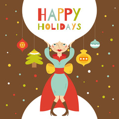 Happy holidays. Greeting card with beautiful girl