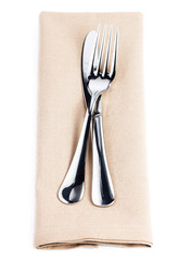 Linen napkin with cutlery - knife and fork, Serving isolated on