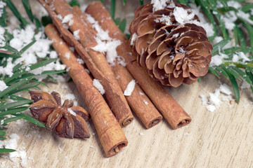 Tannenzapfen mit Zimtstangen und Schnee