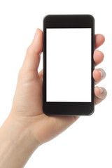 Hand holding smart phone isolated on white background .