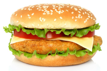 Big chicken hamburger on white background. - obrazy, fototapety, plakaty